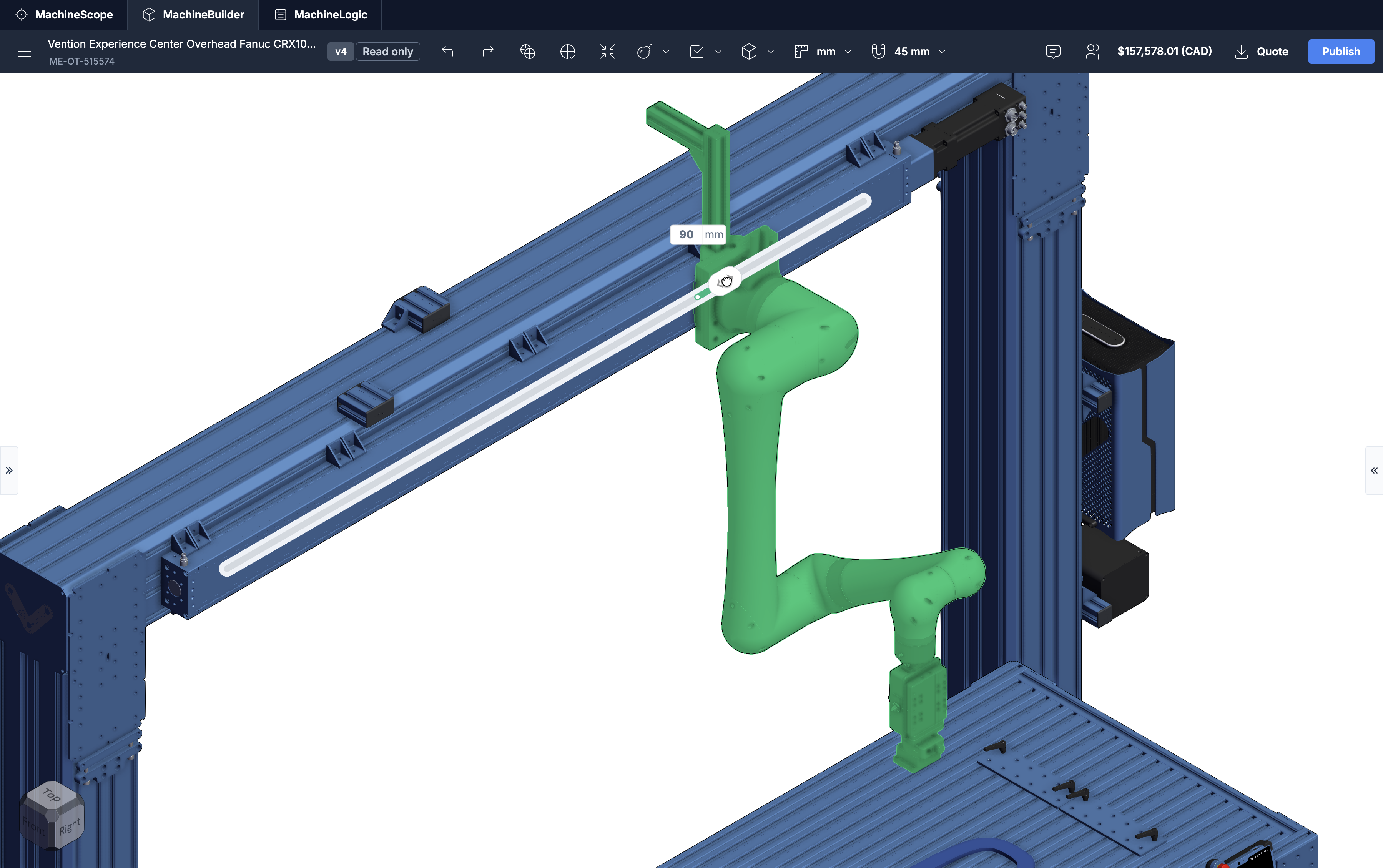 3D model of an overhead robotic arm with measurement indicators and structural components.